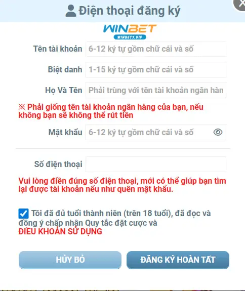 Winbet Form đăng ký tài khoản tại nhà cái Winbet